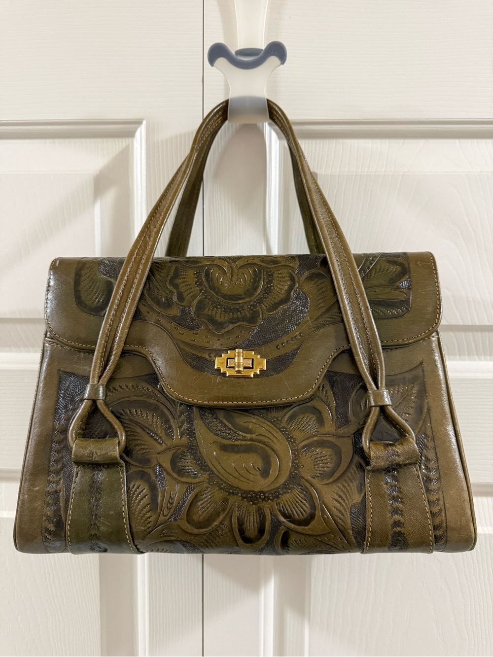 Vintage Avelar Genuine Leather Tooled Satchel Handbag Olive Bronze Floral Aztec
